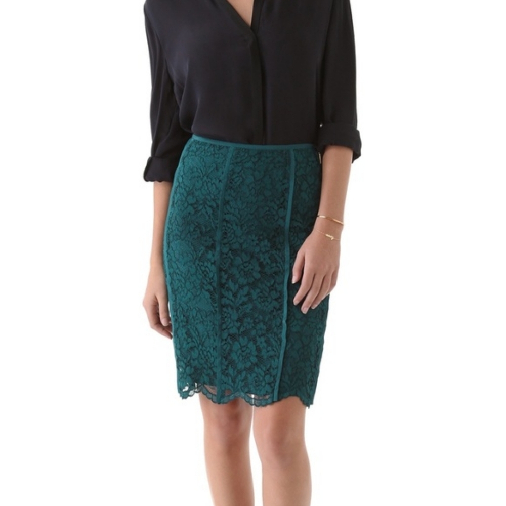 TORY BURCH Everett Skirt in Winter Teal Lace Pencil Skirt 6